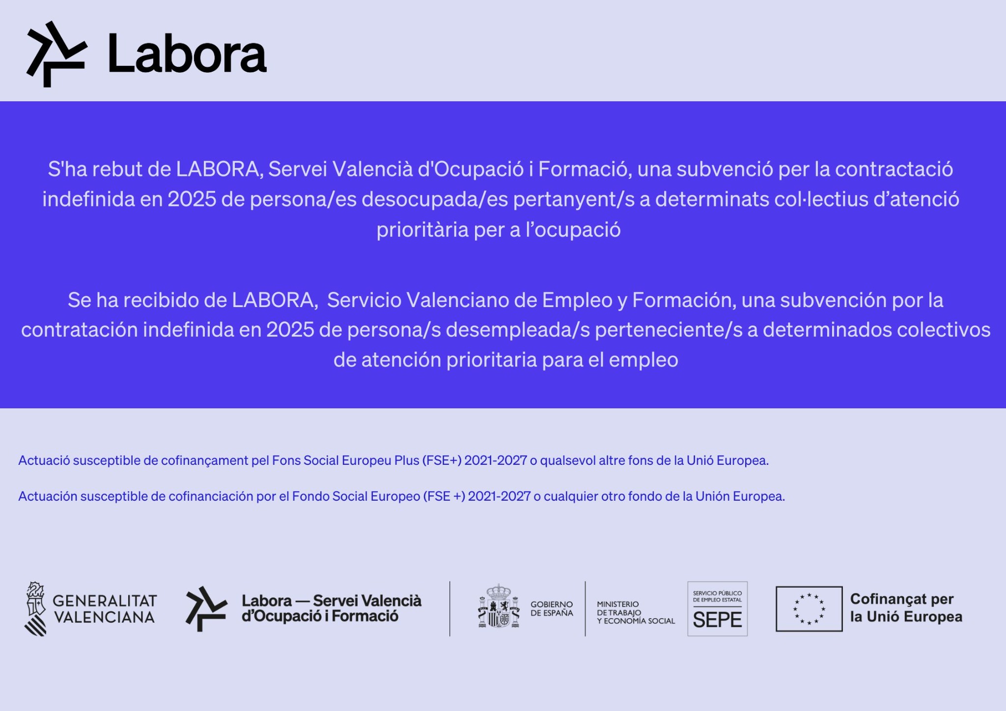 Cartel oficial de publicidad de la ayuda ECOVUL 2025 de LABORA recibida por TTAC